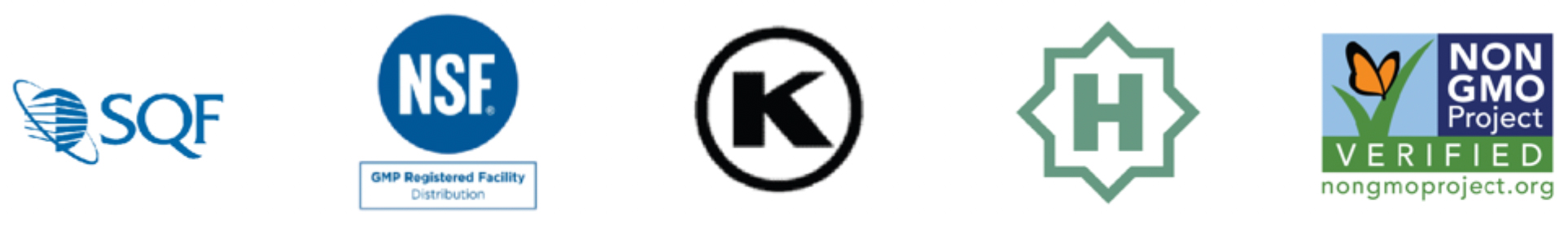 MTC Industries certifications: SQF, NSF GMP Registered Facility, Kosher, Halal, Non-GMO Project Verified