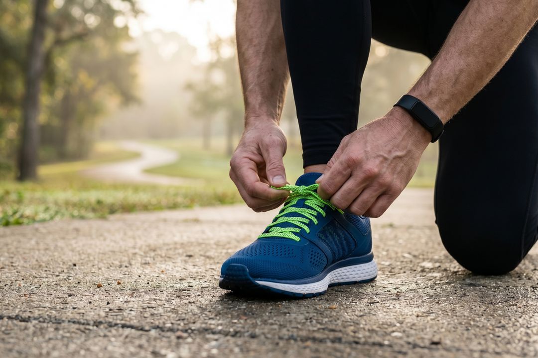 Active man tying a running shoe, representing men&rsquo;s mobility, joint health, and active aging support