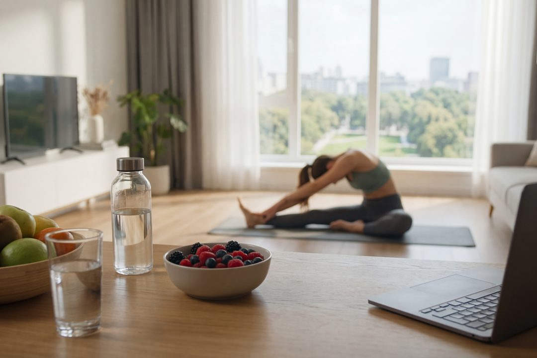 Woman stretching beside a bowl of berries, representing long-term women&rsquo;s wellness